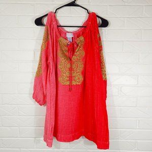 Soft Surroundings Coral Dip Die Ombre Gold Embroidered Split Sleeve Tunic Linen